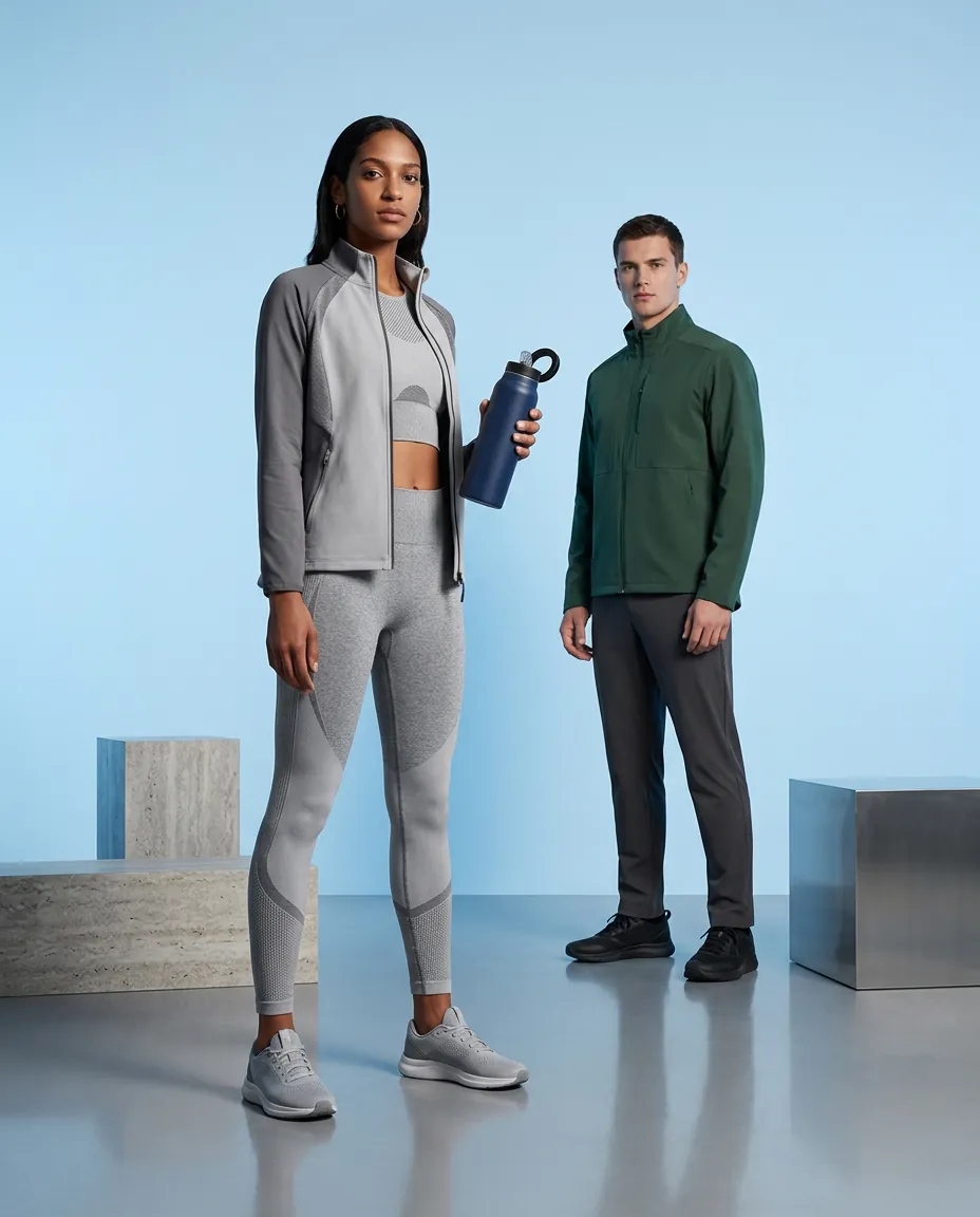 Two models in athleisure with SelfieZip bottle in studio