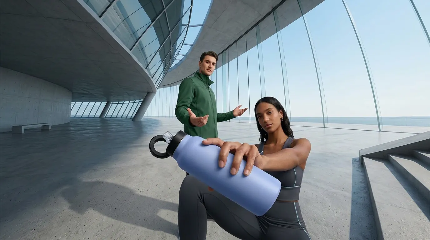 Two athletes with SelfieZip bottle outside modern glass architecture