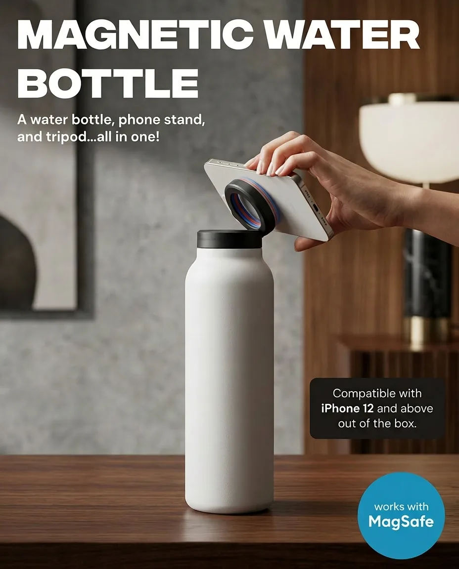 Hand snapping an iPhone onto the SelfieZip magnetic water bottle