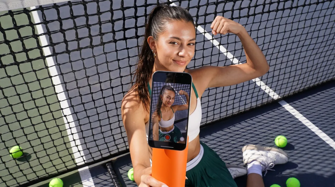 Athlete recording a selfie video using SelfieZip on the tennis court